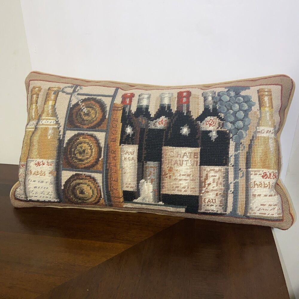 Vintage Chelsea Textiles Wool Needlepoint Wine Pillow 12x20 Down Blend 2006